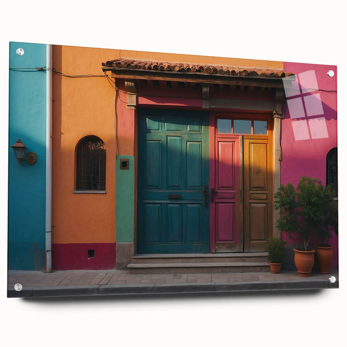 Large abstract wall art on acrylic glass featuring a monochrome architectural door design.