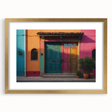 Textured art print of an abstract door design in gold and brown tones, framed with a mat, ideal for bedroom decor.