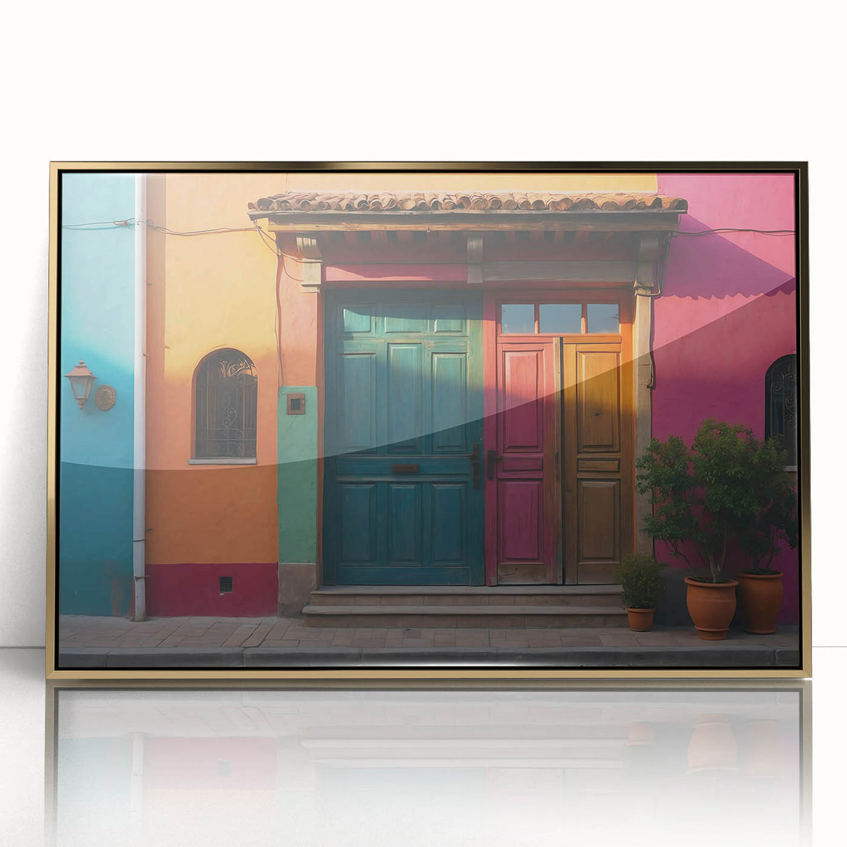 Mid-century modernist art deco poster featuring a geometric door design in gold and black tones on framed acrylic.