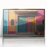 Art deco poster featuring a geometric doorway design in silver and black tones, acrylic framed.