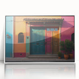 Mid-century modernist style door design in muted earth tones on a framed acrylic, ideal for modern art wall decor.