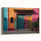 Landscape art painting of a vintage-style door in gold frame, featuring black and colorful art accents.