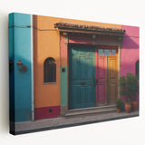 Side view of a large stretched canvas featuring a detailed architectural door design in neutral tones.