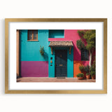 Textured abstract art print depicting a stylized door in gold and black tones, framed with mat, ideal for bedroom art.