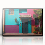 Large abstract wall art featuring geometric shapes in a mid-century modernist style, framed in black acrylic.