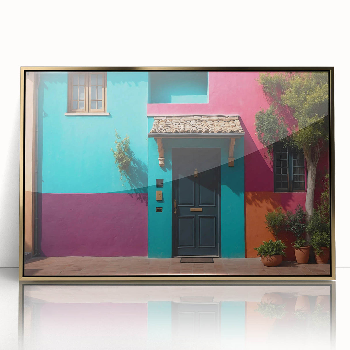 Mid-century modernist art of a geometric door design in gold and black, framed acrylic print, suitable for nursery wall art.