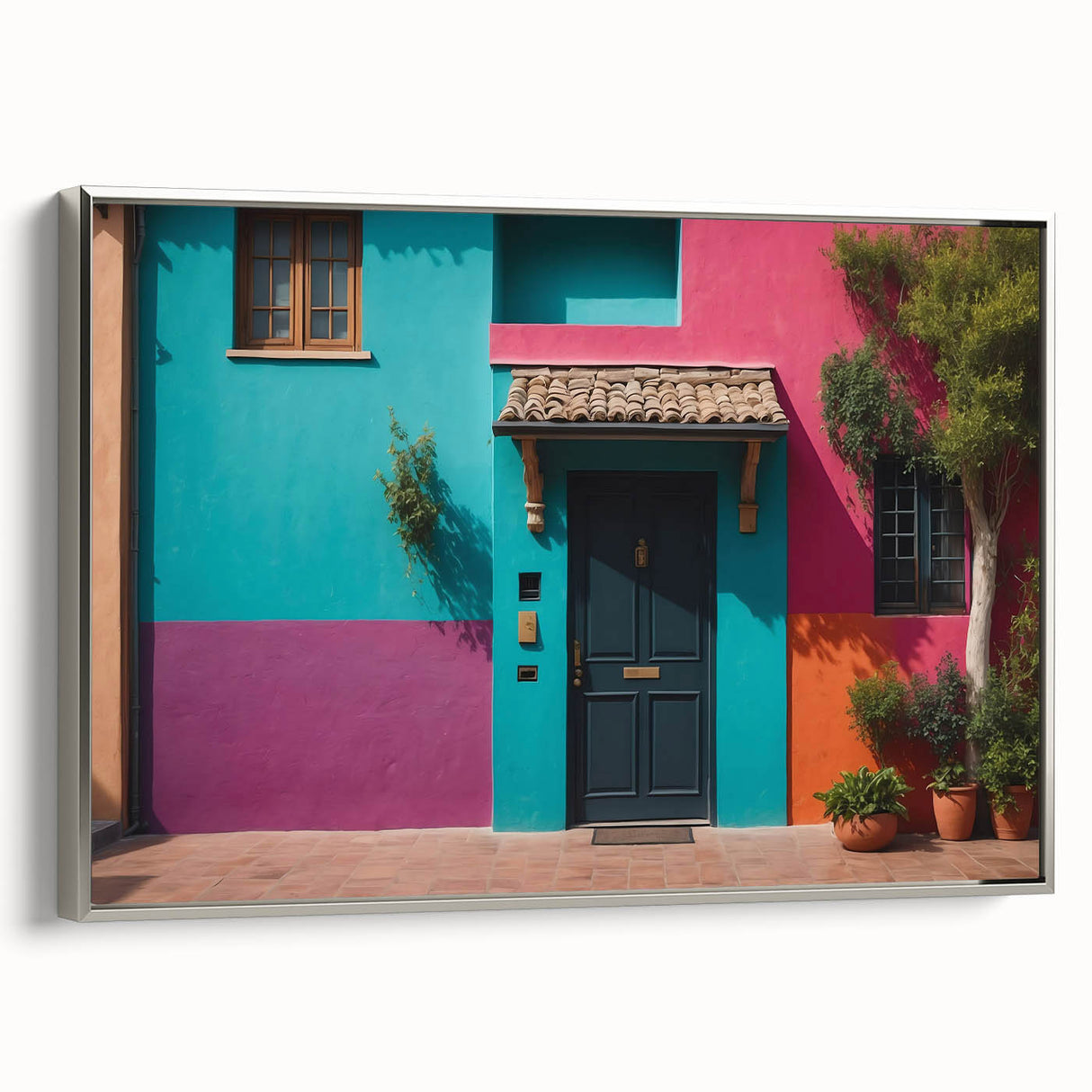 Vintage poster art of a colorful, detailed architectural door on a large, framed canvas, ideal for living room decor.