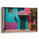 Vintage poster art of a colorful, detailed architectural door on a large, framed canvas, ideal for living room decor.