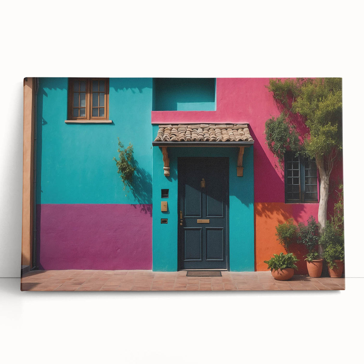 Black and white photograph of a detailed architectural door design on a large stretched canvas.