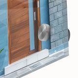 Mid-century modernist acrylic print featuring abstract geometric shapes in earth tones, ideal for dining room art.