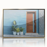 Mid-century modernist art of a geometric gold door design on a framed acrylic, ideal for nursery wall decor.