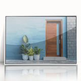 Mid-century modernist large art print of a door design in a white acrylic frame, ideal for nursery wall decor.