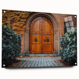 Large abstract wall art on acrylic glass featuring a door design in muted earth tones.