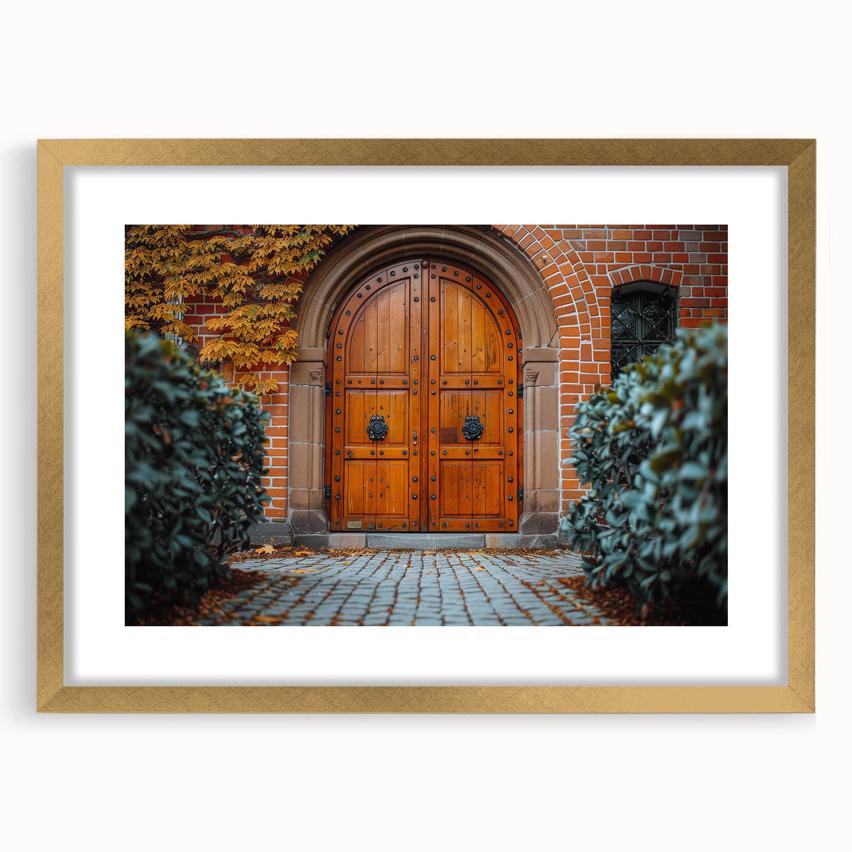 Textured abstract art print depicting architectural door design in gold frame, ideal for bedroom art.