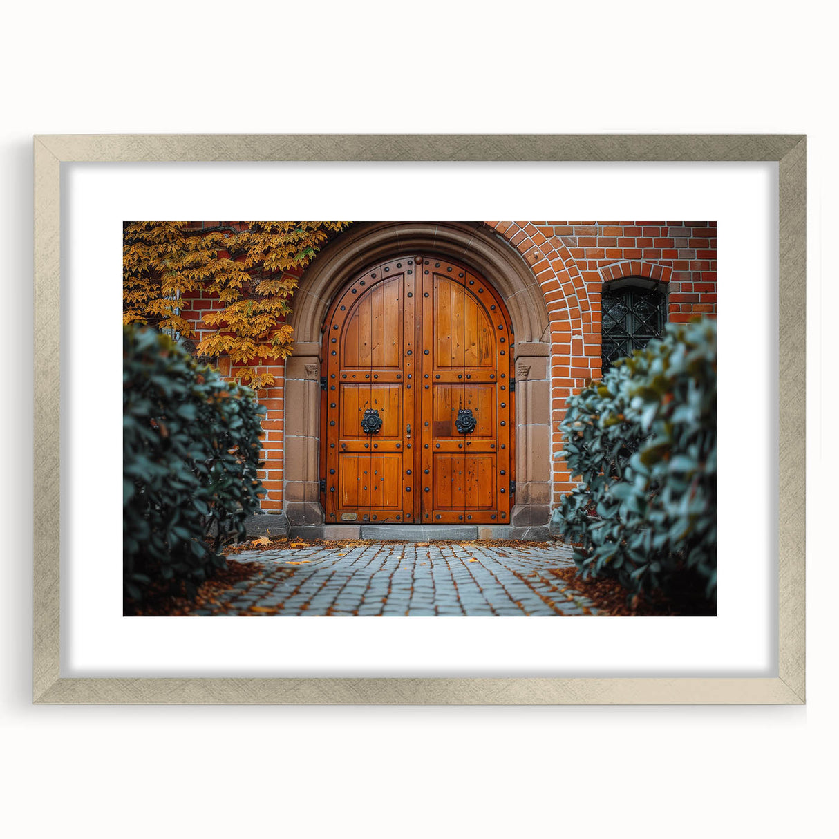 Abstract art print of architectural door designs in silver frame, ideal for dining room decor.