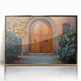 Mid-century modernist art of a geometric door design in gold and black tones, acrylic print, ideal for nursery wall art.