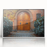 Mid-century modernist large art print of a stylized door design in white acrylic frame, suited for modern nursery decor.