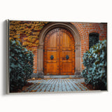 Vintage poster art of a colorful, detailed architectural door design, printed on a large framed canvas.