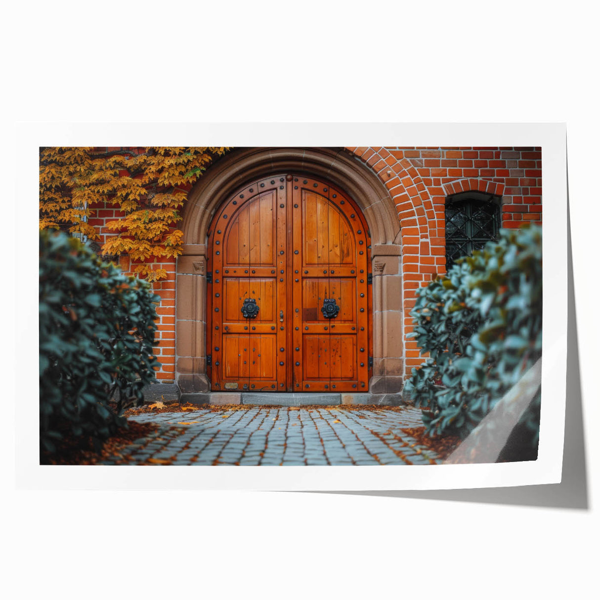 Extra large rolled print of a floral door design in muted earth tones, ideal for dining room wall art.