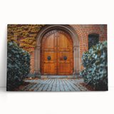 Black and white photo of a grand architectural door design on a stretched canvas.