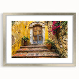 Abstract art print of a geometric door design in silver and gray tones, framed with a silver mat.