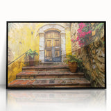 Large abstract wall art of a mid-century modernist door design in black and white tones, framed acrylic.