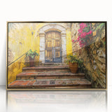 Mid-century modernist art of an architectural door design in gold and black tones, acrylic print.