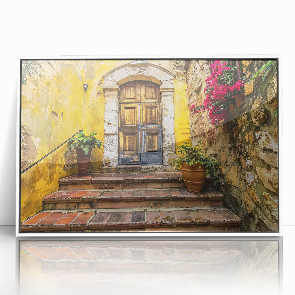Mid-century modernist door design in white and beige tones on a framed acrylic print, suitable for modern art wall decor.