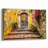 Framed canvas of a vintage landscape painting featuring a colorful scene with a gold frame, ideal for living room decor.