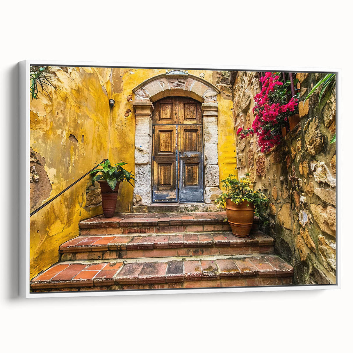 Framed canvas featuring a black and white vintage poster of an architectural door design, suitable for bedroom wall art.