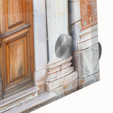 Mid-century modernist large abstract wall art on acrylic glass, featuring geometric shapes in muted earth tones.