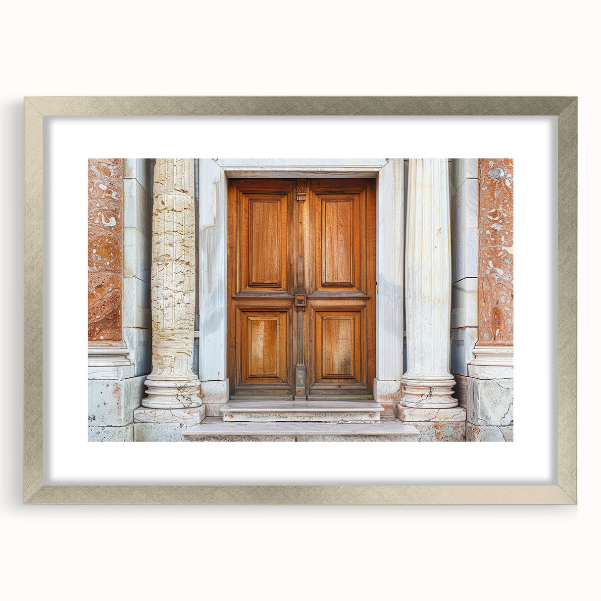 Abstract art print featuring geometric patterns in monochrome tones, framed in silver.