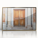 Mid-century modernist art featuring an architectural door design in gold and black tones on a framed acrylic panel.