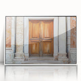 Mid-century modernist large art print of a geometric door design in muted gray and white, acrylic framed.