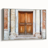 Vintage poster art of a colorful, intricate door design on a large framed canvas, suited for living room decor.