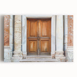 Black and white photograph of a detailed door design on a stretched canvas, suitable as large art for kitchen walls.