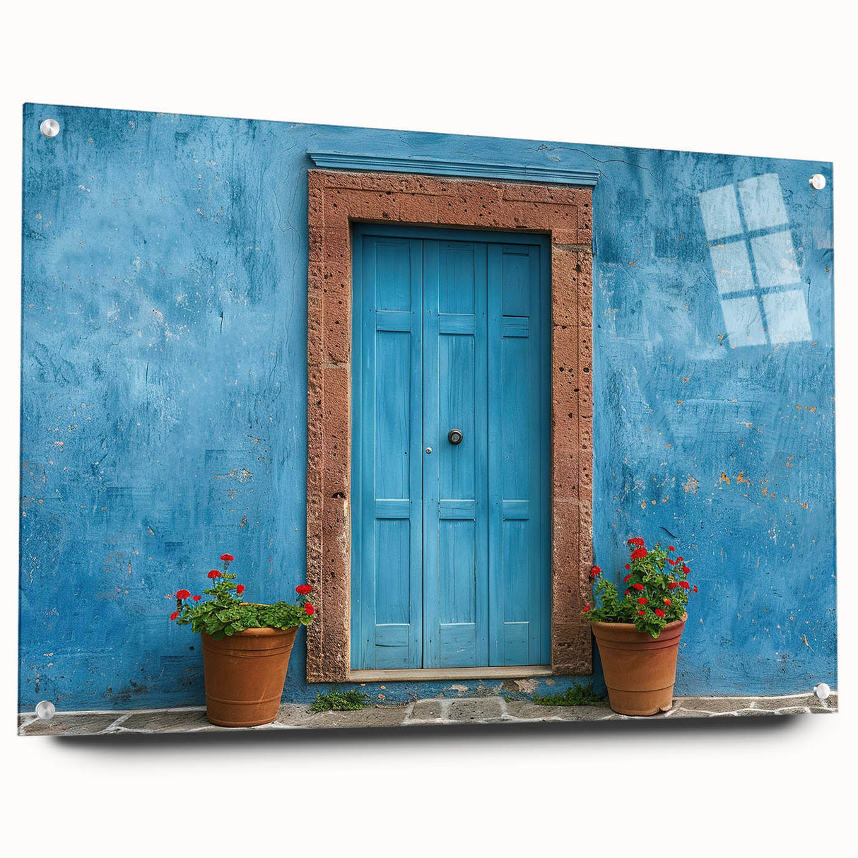 Large abstract wall art on acrylic glass depicting vibrant geometric shapes, suitable for bedroom or dining room decor.