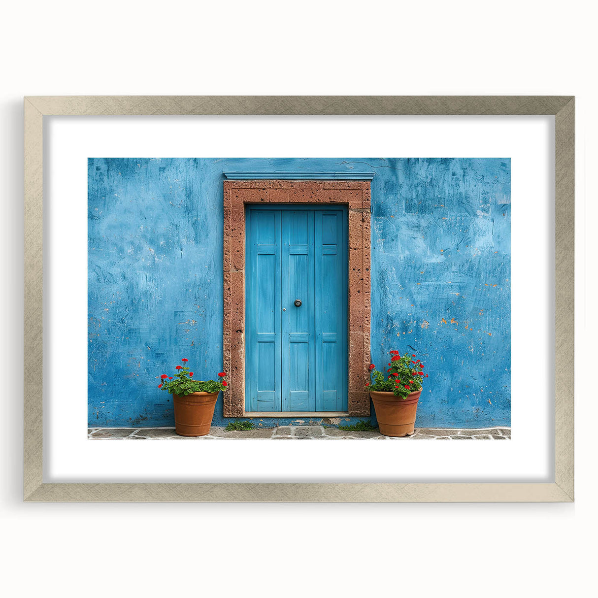 Abstract art print of a stylized door in muted gray and silver tones, framed with a silver mat.