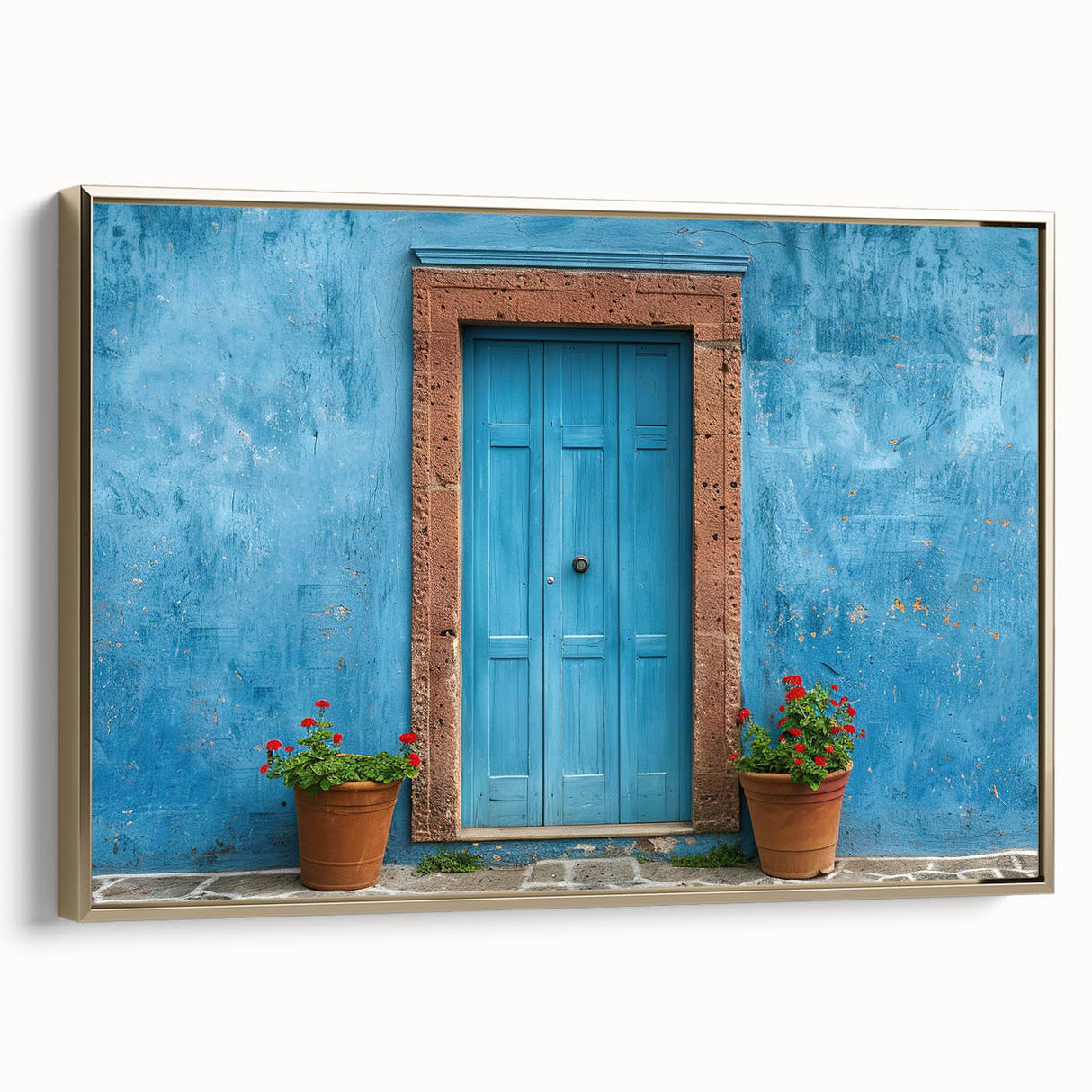 Landscape art painting featuring a vintage poster-style black door framed in gold on canvas.