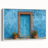 Framed canvas featuring a vintage poster art of a black and white architectural door design, suitable for bedroom wall art.