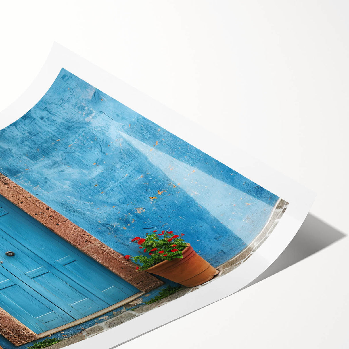 Extra large rolled print of a floral art design on a door, in muted earth tones, ideal for classy bathroom wall art.