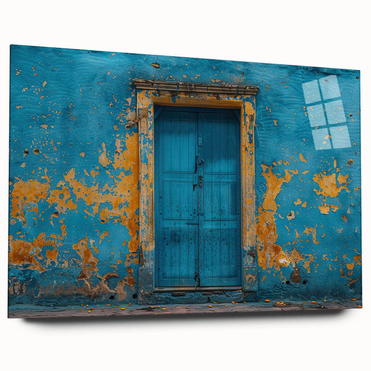 Large abstract wall art on acrylic glass, featuring geometric shapes in muted gray and blue tones.