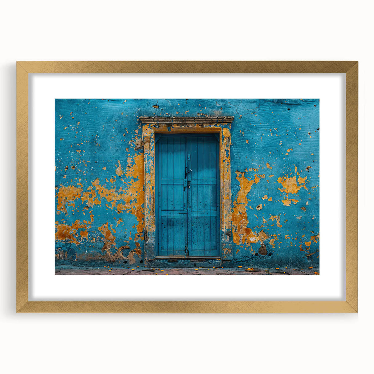Textured art print of an abstract door design in gold and black tones, framed with a mat, ideal for bedroom decor.