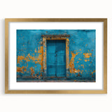 Textured art print of an abstract door design in gold and black tones, framed with a mat, ideal for bedroom decor.
