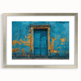 Abstract art print of a door in muted gray, framed in silver, ideal for dining room or bedroom decor.