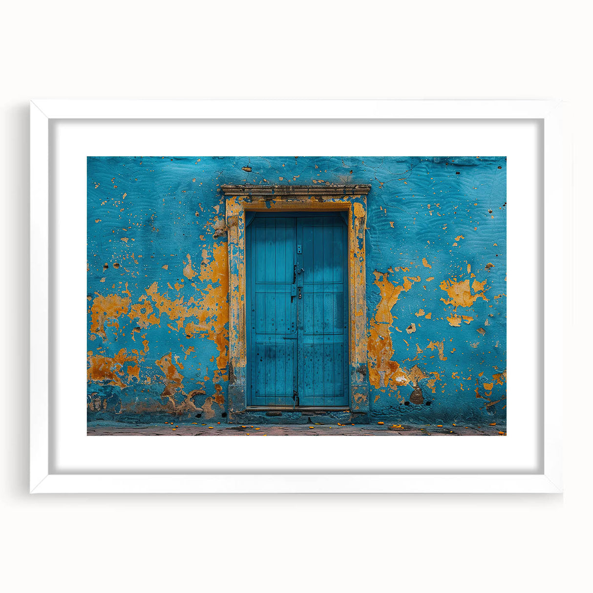 Extra large abstract art print featuring a textured door design in muted gray tones on a white framed canvas.