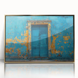 Mid-century modernist art deco poster featuring a geometric gold door design on acrylic, ideal for modern art wall decor.