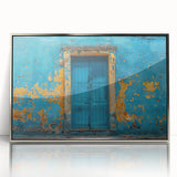 Art deco poster featuring a silver-framed acrylic print of a stylized architectural door.