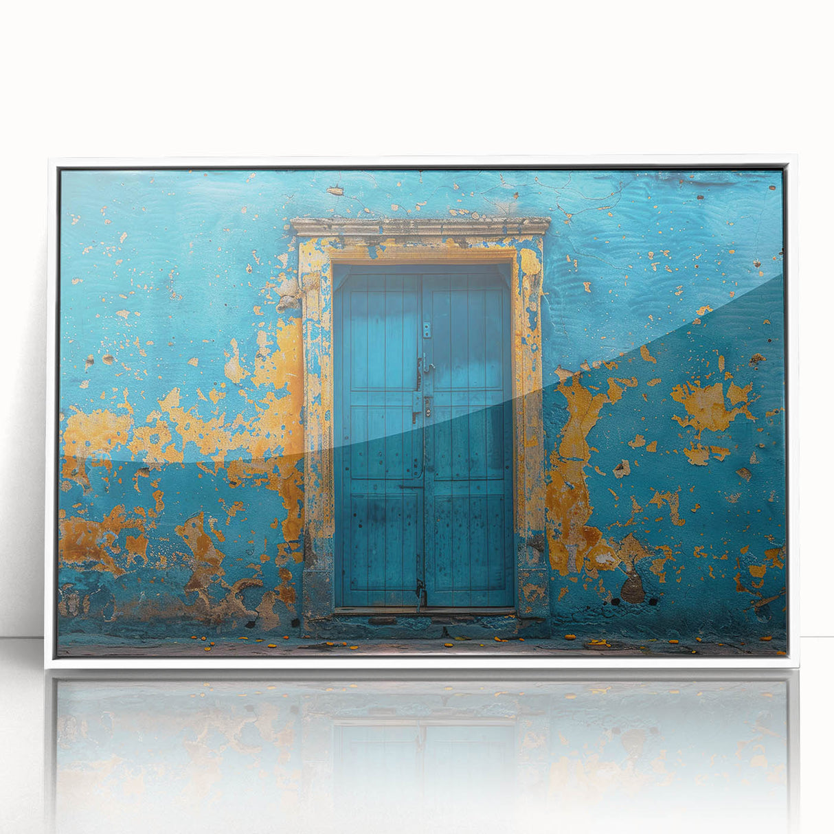 Large acrylic print of a mid-century modernist door design in muted earth tones.