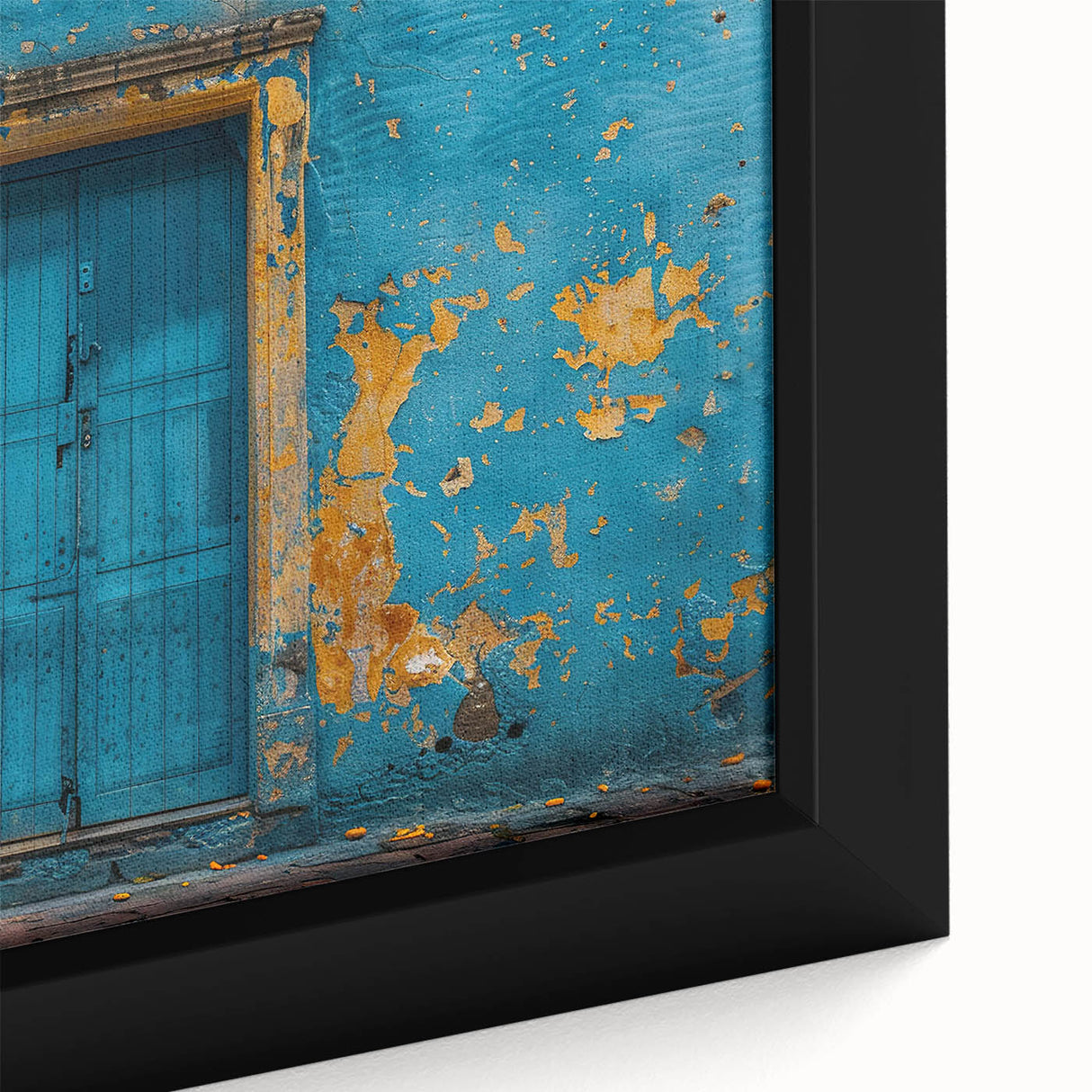 Extra large framed canvas featuring a close-up of a black textured door with colorful art details.